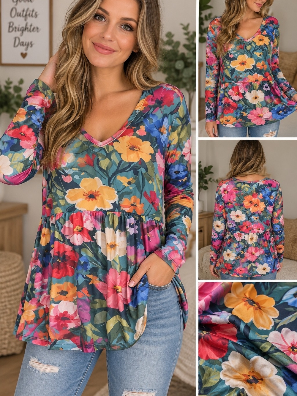 New chic Women's 5X green blue floral long sleeve blouse #26